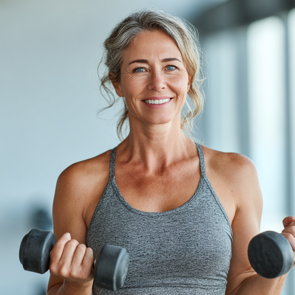 Healthy middle-aged woman around 45 years old doing workout exercises with dumbbells in a bright fitness studio, wearing athletic wear, smiling confidently